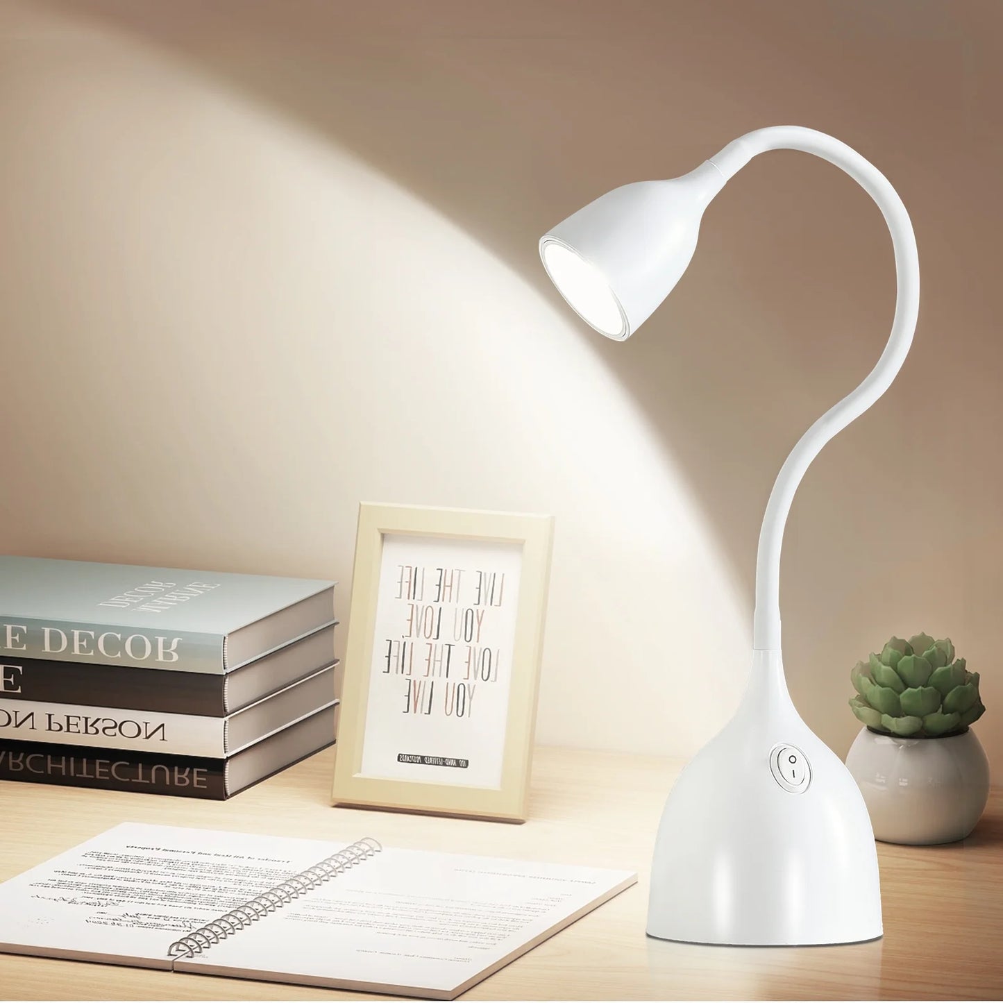 NATYSWAN Metal Small White Desk Lamp, Adjustable Goose Neck Desk Lamps for Home Office Study Room Desks,Eye-Caring Reading Lamps