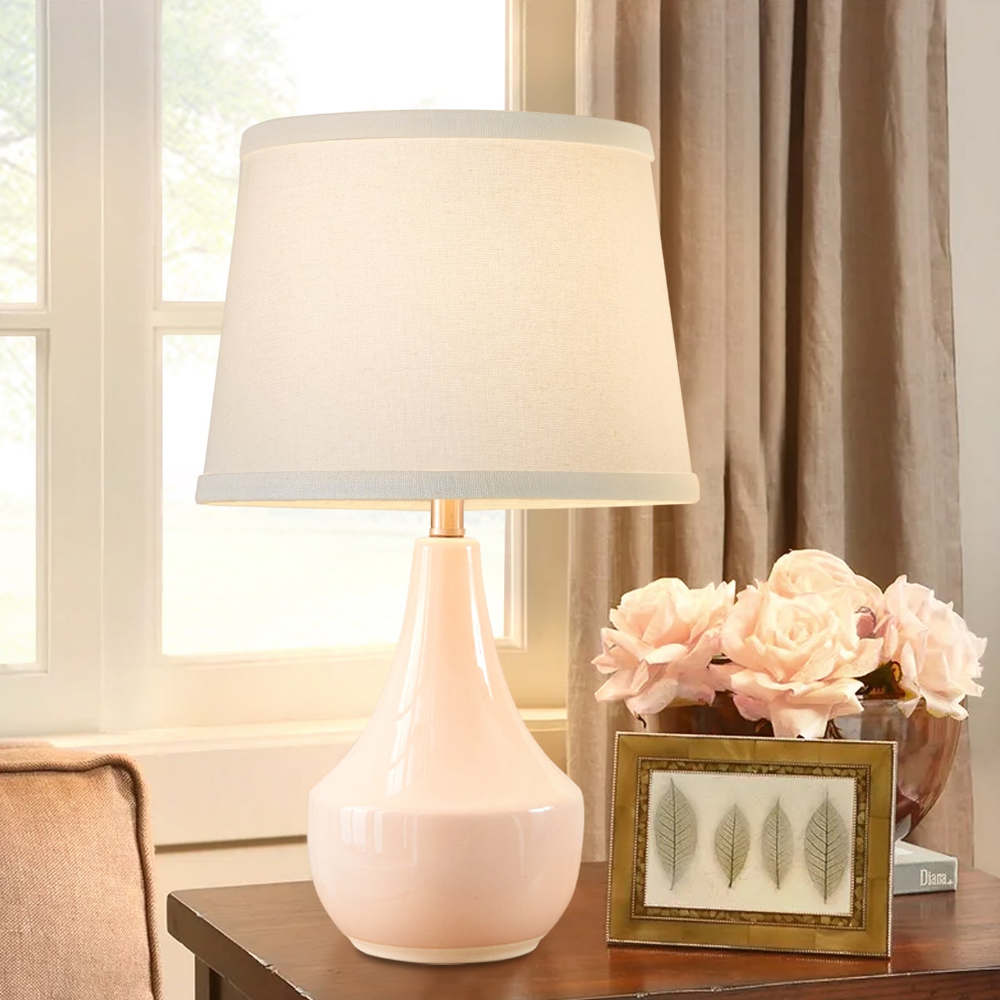 NATYSWAN Pink Table Lamp Set of 2, Ceramic Table Lamp Classic Beside Lamps Nightstand Lamp Modern Table Lamp for Living Room, Bedroom Office, Rocker Swtich (LED Bulbs Included)