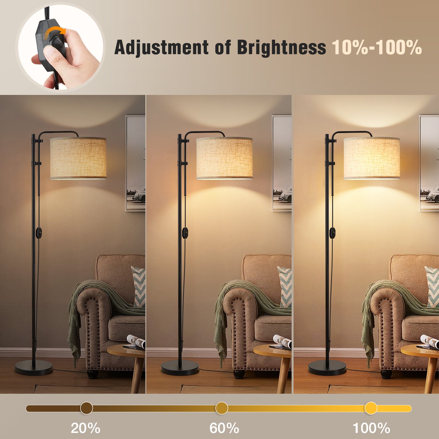 NATYSWAN Floor Lamp for Living Room, Adjustable Height Standing Lamps with 350° Rotate White Lampshade, 67.5-Inch Modern Tall Lamp Dimmable Floor Lamps for Corner Bedroom Home Office (Bulb Included)