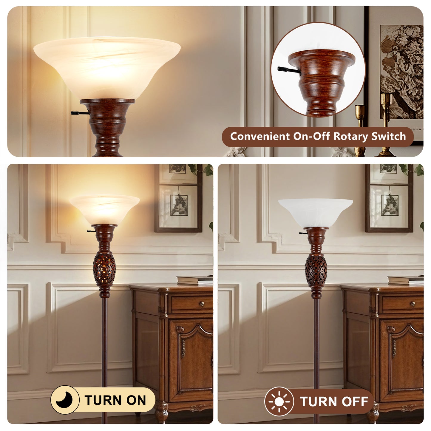 NATYSWAN 70" Torchiere Floor Lamp with NightLight - Victorian Style Standing Lamp for Living Room, Bedroom, Office - Retro Floor Lamps with Rotary Switch & Etched Glass Shade, Home Decor