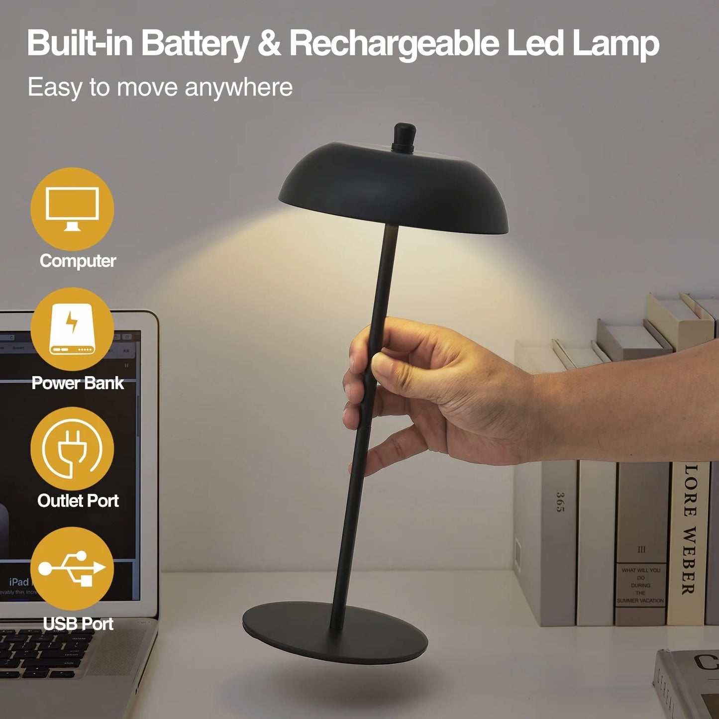 NATYSWAN Cordless Table Lamp Rechargeable,Battery Operated LED Desk Lamp 3 Way Dimmable Touch Nightstand Mushroom Lamp for Dorm Home Bedroom Office,White