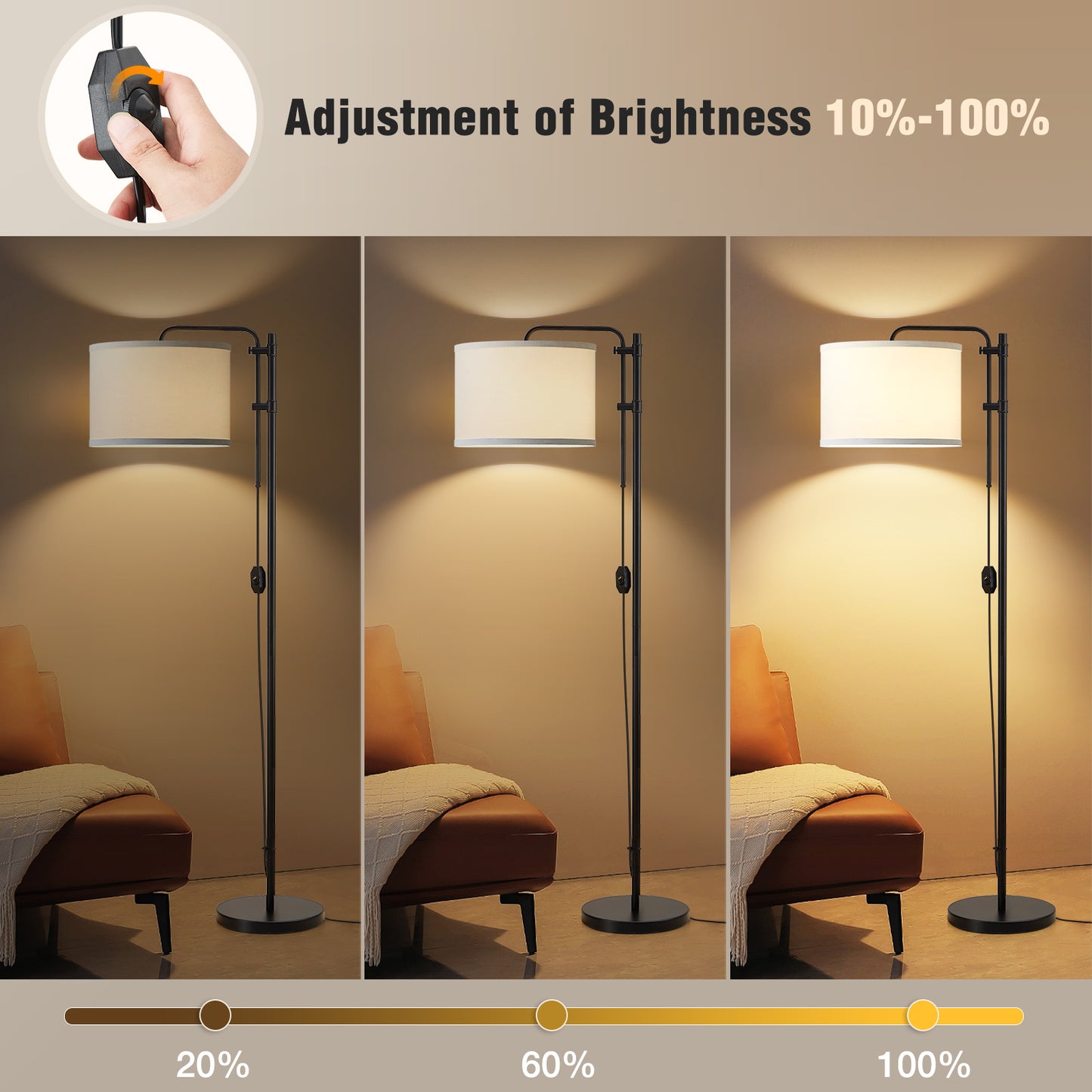 NATYSWAN Floor Lamp for Living Room, Adjustable Height Standing Lamps with 350° Rotate White Lampshade, 67.5-Inch Modern Tall Lamp Dimmable Floor Lamps for Corner Bedroom Home Office (Bulb Included)