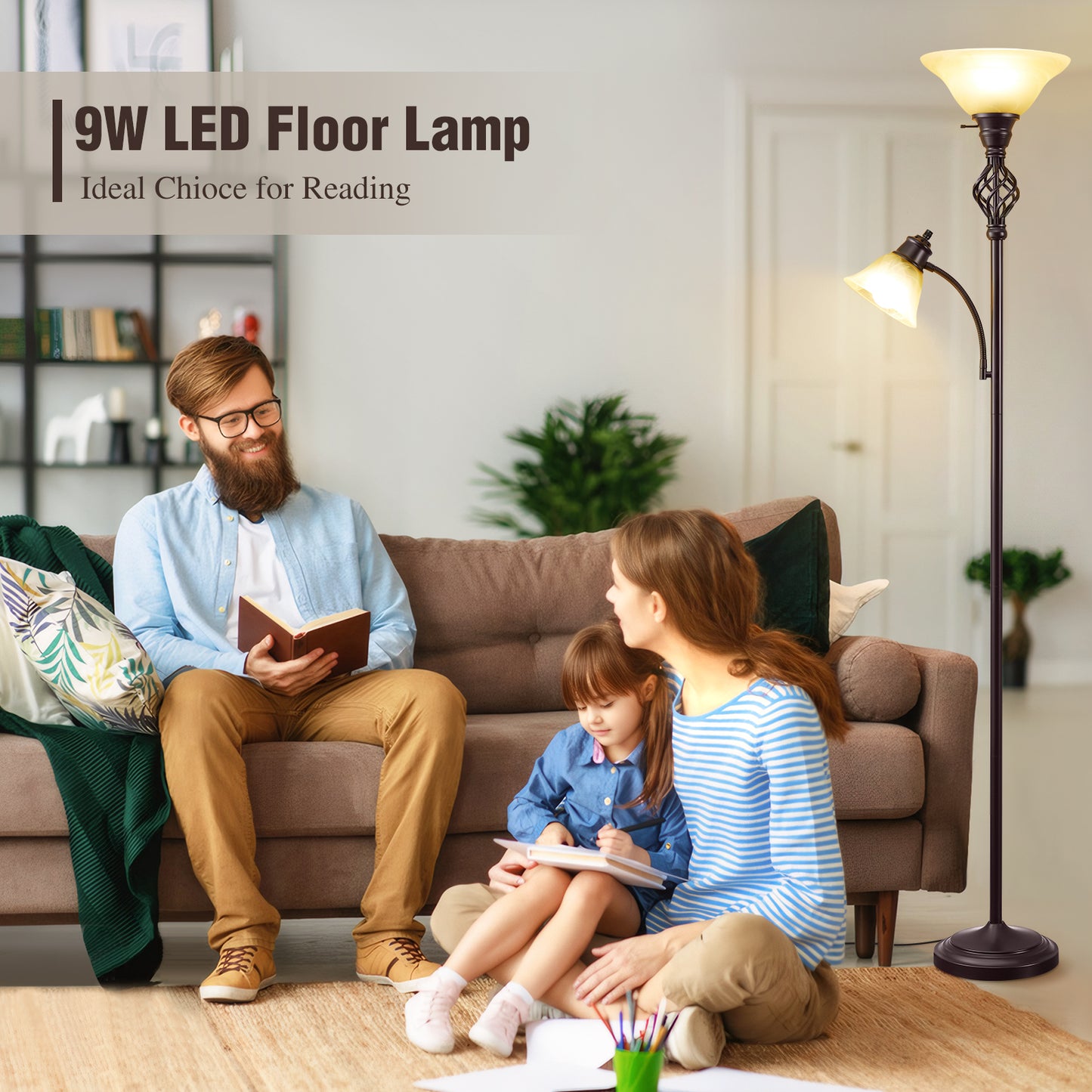 NATYSWAN Standing Lamp with Adjustable Side Reading Light, Floor Lamps for Living Room with Glass Shade 72-Inch Torchiere Tall Lamps Decor for Bedroom Living Room Den Office (Bulb Included)