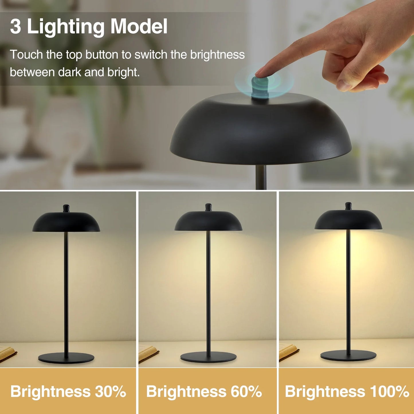 NATYSWAN Cordless Table Lamp Rechargeable,Battery Operated LED Desk Lamp 3 Way Dimmable Touch Nightstand Mushroom Lamp for Dorm Home Bedroom Office,White