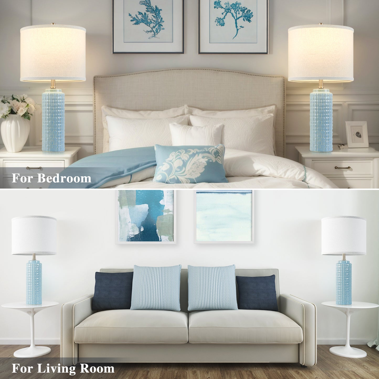 NATYSWAN 24.8" Modern Ceramic Bedside Lamp Set of 2, 3 Color Temperature Bulbs Included - Farmhouse Nightstand Lamps for Living Room Bedroom End Table Office Entryway, Off-White