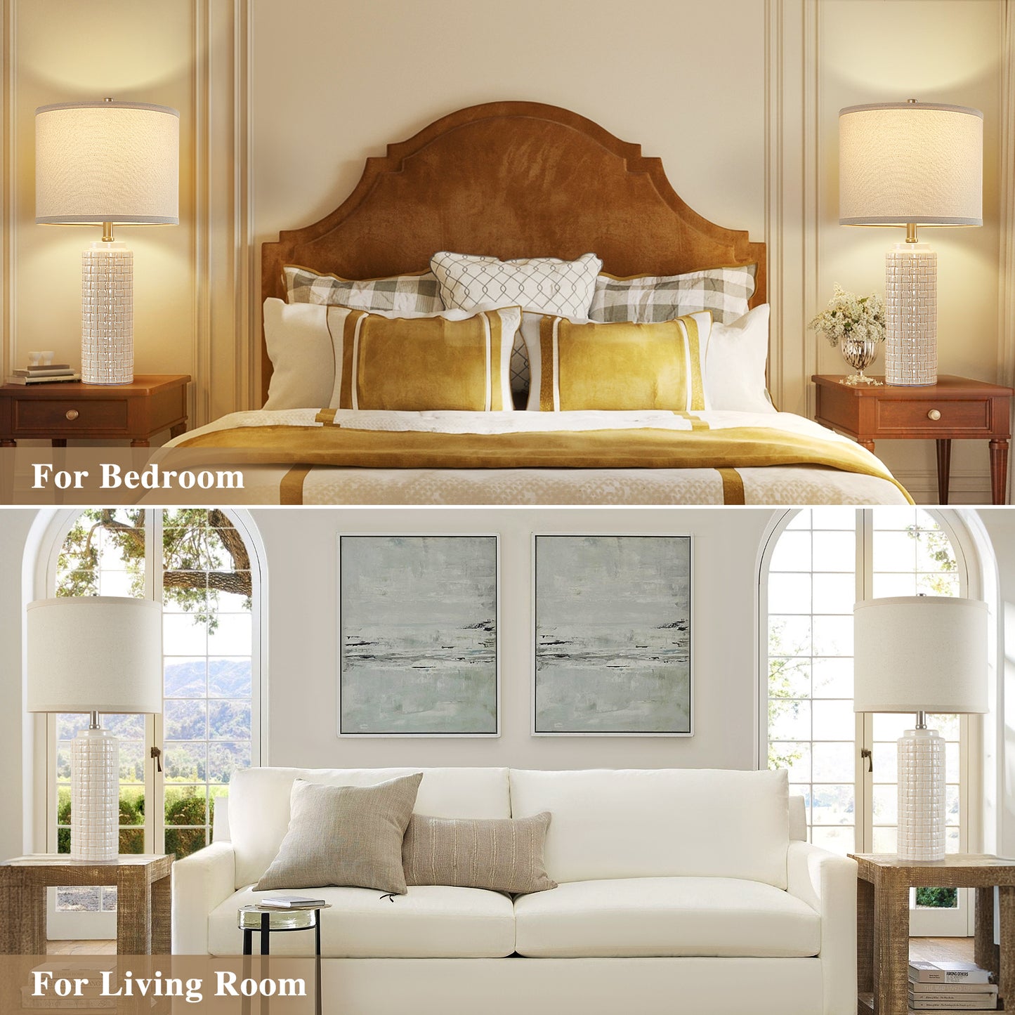 NATYSWAN 24.8" Modern Ceramic Bedside Lamp Set of 2, 3 Color Temperature Bulbs Included - Farmhouse Nightstand Lamps for Living Room Bedroom End Table Office Entryway, Off-White