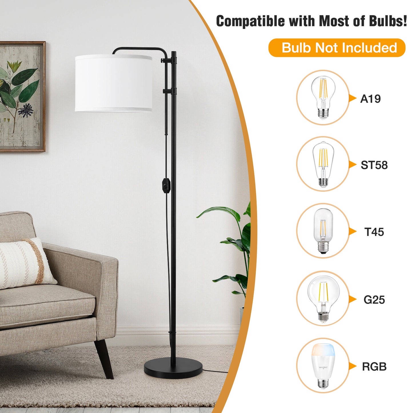 NATYSWAN Floor Lamp for Living Room, Adjustable Height Standing Lamps with 350° Rotate White Lampshade, 67.5-Inch Modern Tall Lamp Dimmable Floor Lamps for Corner Bedroom Home Office (Bulb Included)
