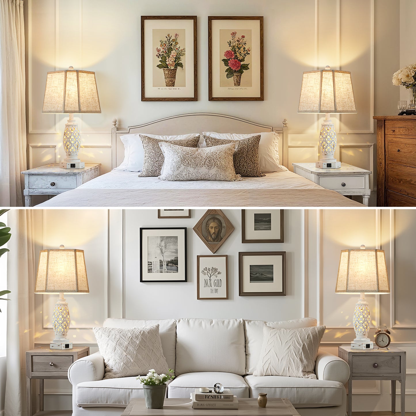 NATYSWAN Lamps for Night Stands Set of 2-23.5" Bedside Lamp with USB A+C and Nightlight - Rustic Farmhouse Table Lamp for Bedrooms, End Tables, Living Room - French Country Decor, Bulbs Included