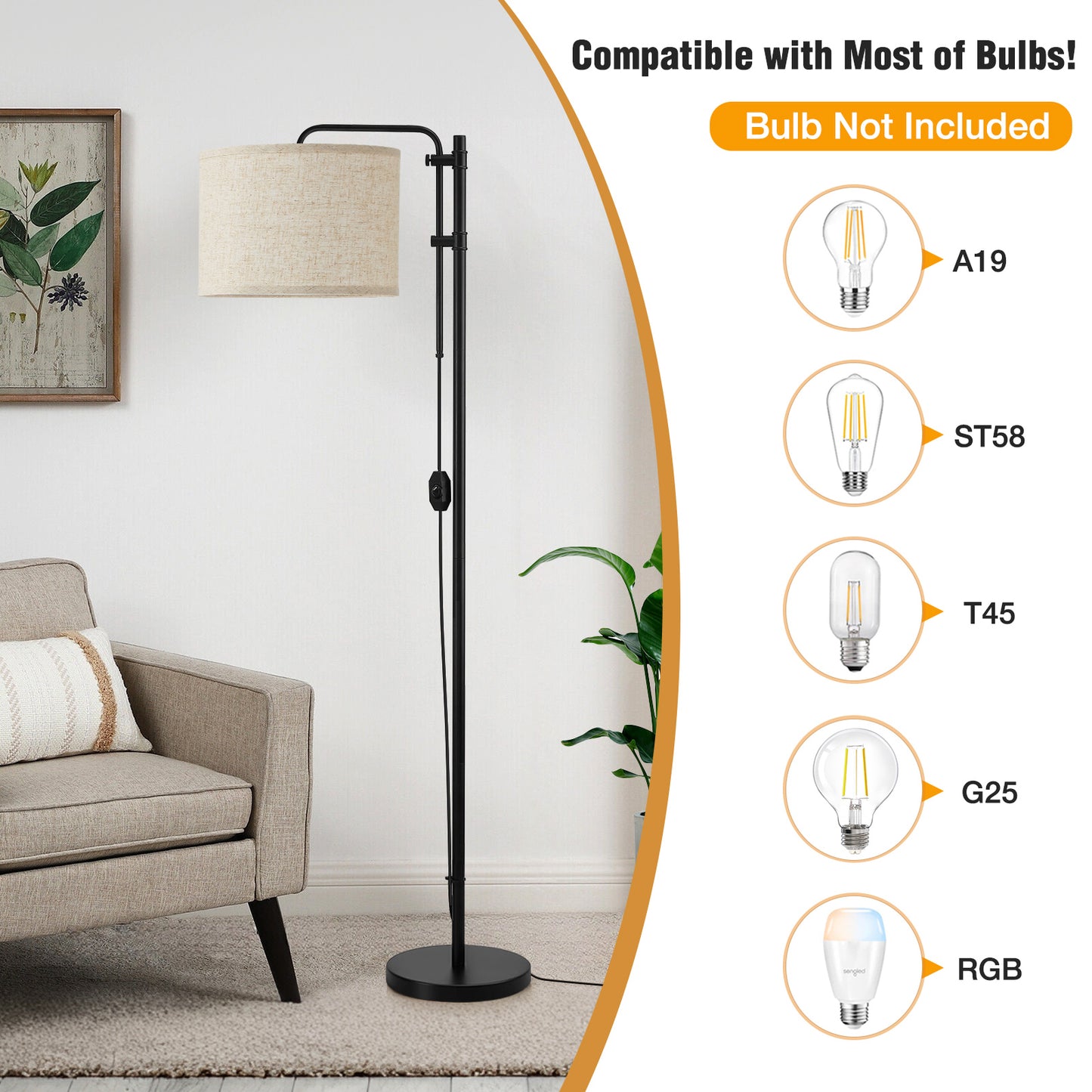 NATYSWAN Floor Lamp for Living Room, Adjustable Height Standing Lamps with 350° Rotate White Lampshade, 67.5-Inch Modern Tall Lamp Dimmable Floor Lamps for Corner Bedroom Home Office (Bulb Included)