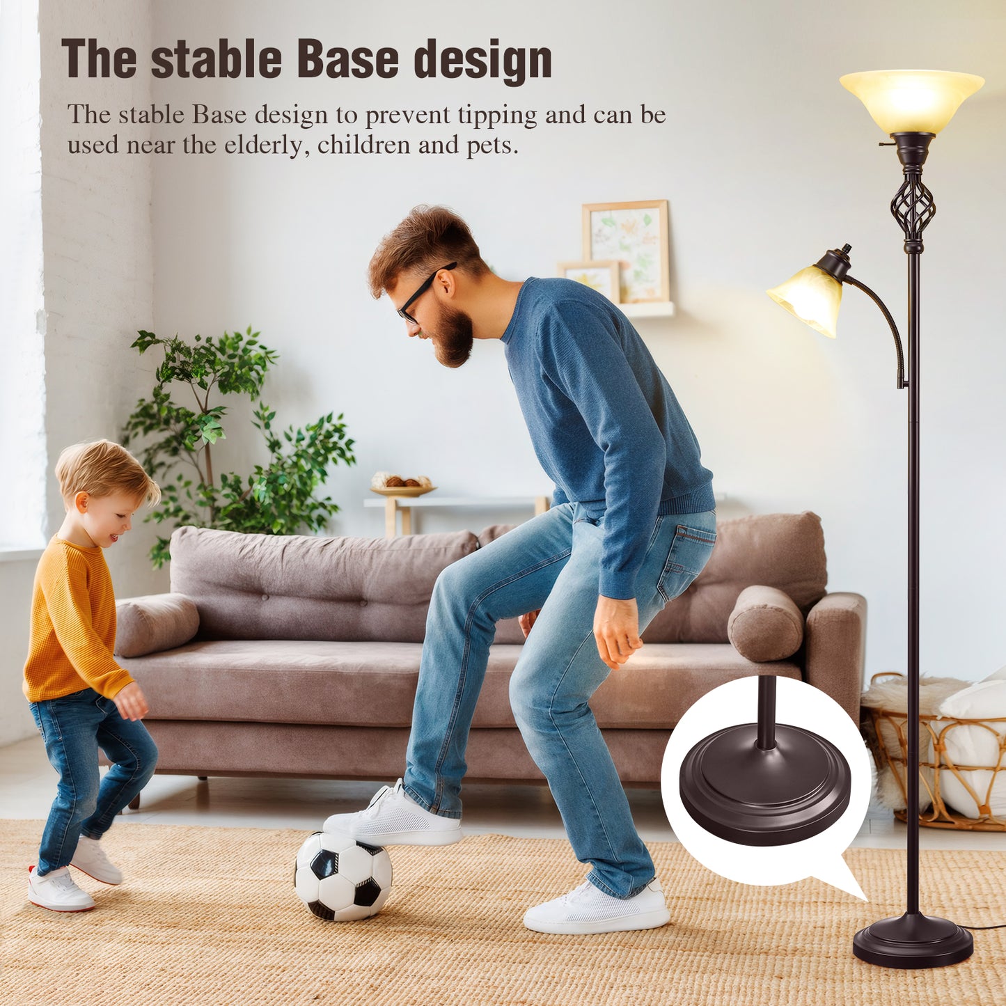 NATYSWAN Standing Lamp with Adjustable Side Reading Light, Floor Lamps for Living Room with Glass Shade 72-Inch Torchiere Tall Lamps Decor for Bedroom Living Room Den Office (Bulb Included)