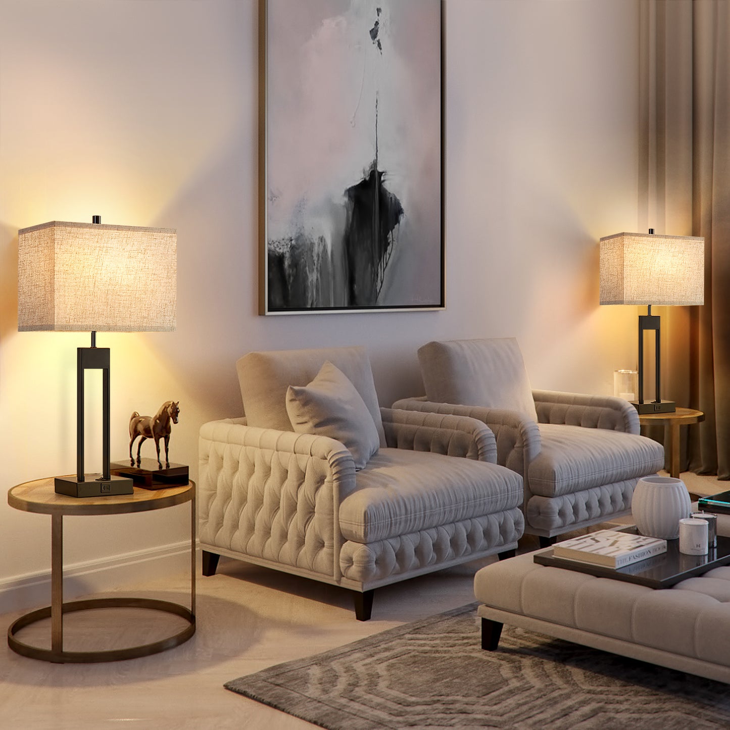 NATYSWAN Modern Table Lamps for Set of 2, USB A+C Charging, 3 Colors Changeable for End Tables, Night Stand Lamps for Bed Side Guest Room Office Reading