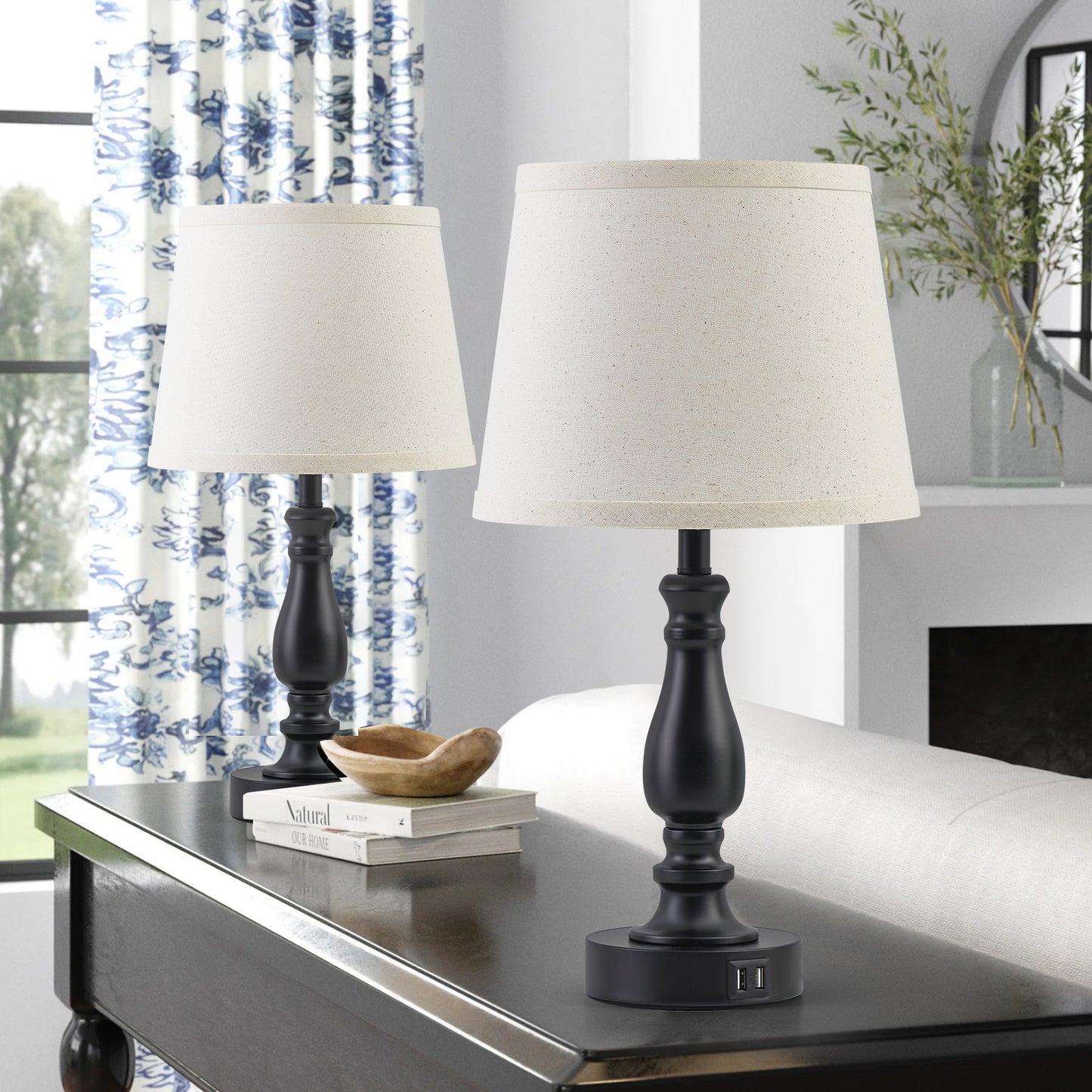 NATYSWAN Table Lamps Set of 2, Lamps for Bedroom with USB Charging Ports, 3 Way Dimmable Touch with Linen Fabric Lampshade, Modern Small Lamp for Nightstand, Living Room (Bulbs Included)