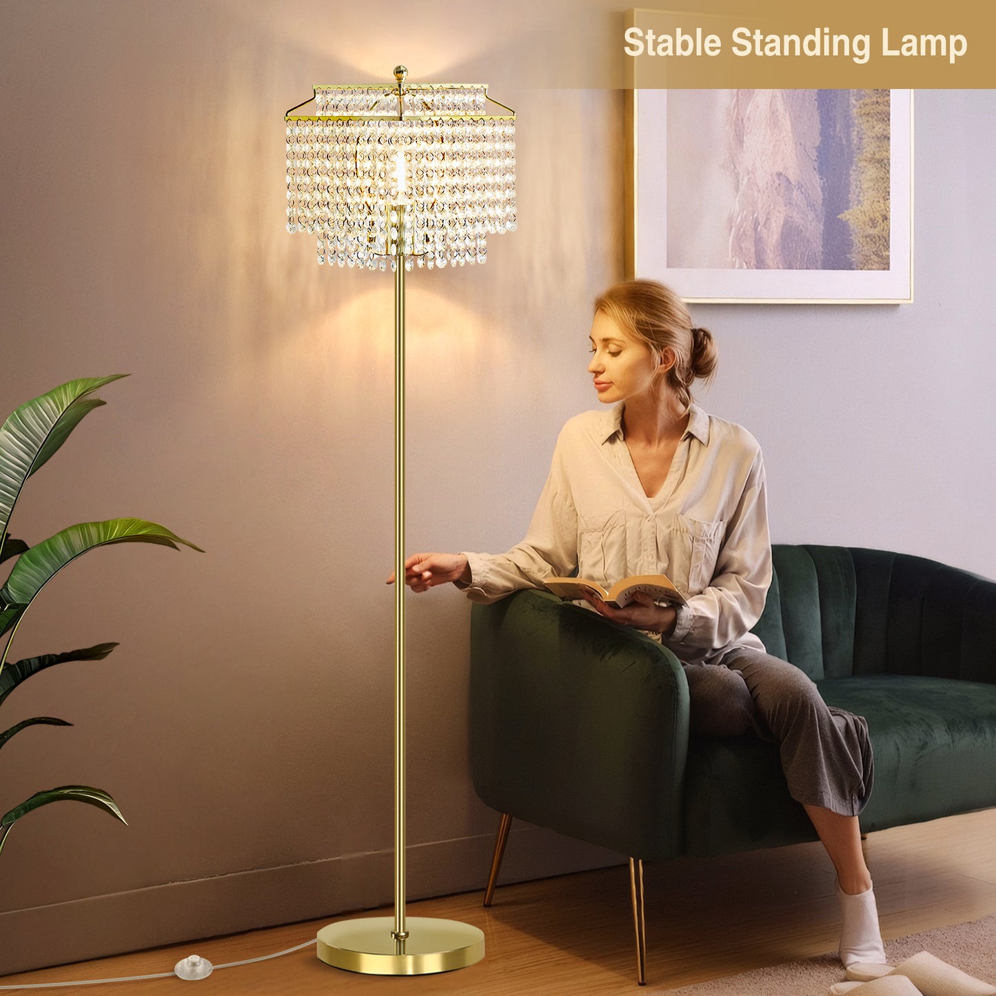 NATYSWAN Crystal Floor Lamp Gold, Modern Standing Lamps with Double-Layer Lampshade, on-off Foot Switch, Gold Finish Tall Pole Lamp for Living Room, Bedroom, Office, 8W Bulb Included