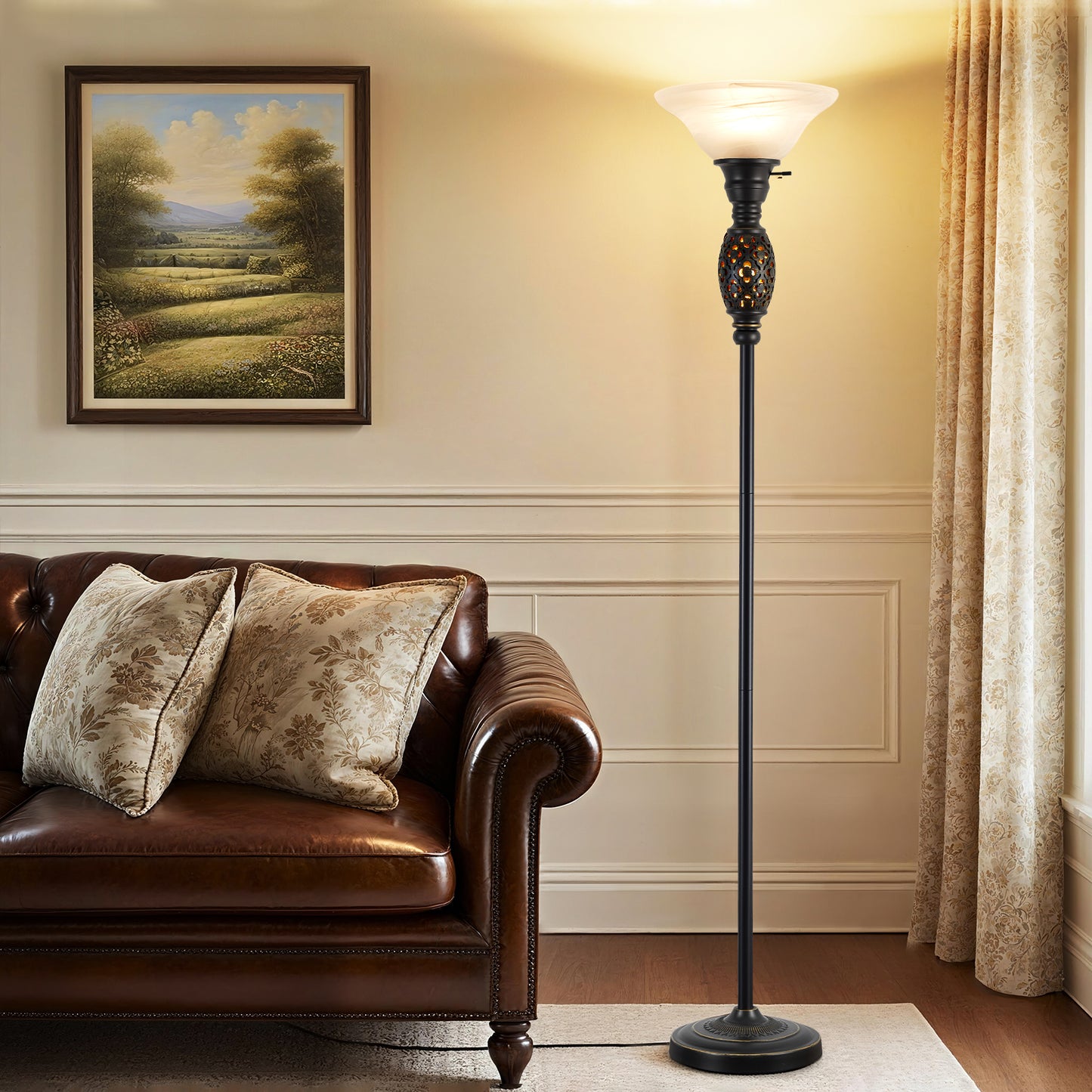NATYSWAN 70" Torchiere Floor Lamp with NightLight - Victorian Style Standing Lamp for Living Room, Bedroom, Office - Retro Floor Lamps with Rotary Switch & Etched Glass Shade, Home Decor