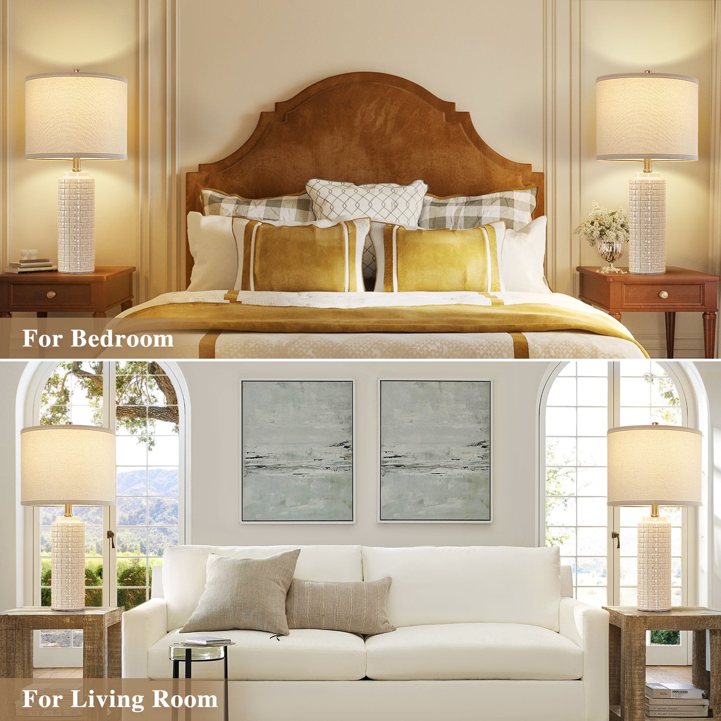 NATYSWAN 24.8" Modern Ceramic Bedside Lamp Set of 2, 3 Color Temperature Bulbs Included - Farmhouse Nightstand Lamps for Living Room Bedroom End Table Office Entryway, Off-White