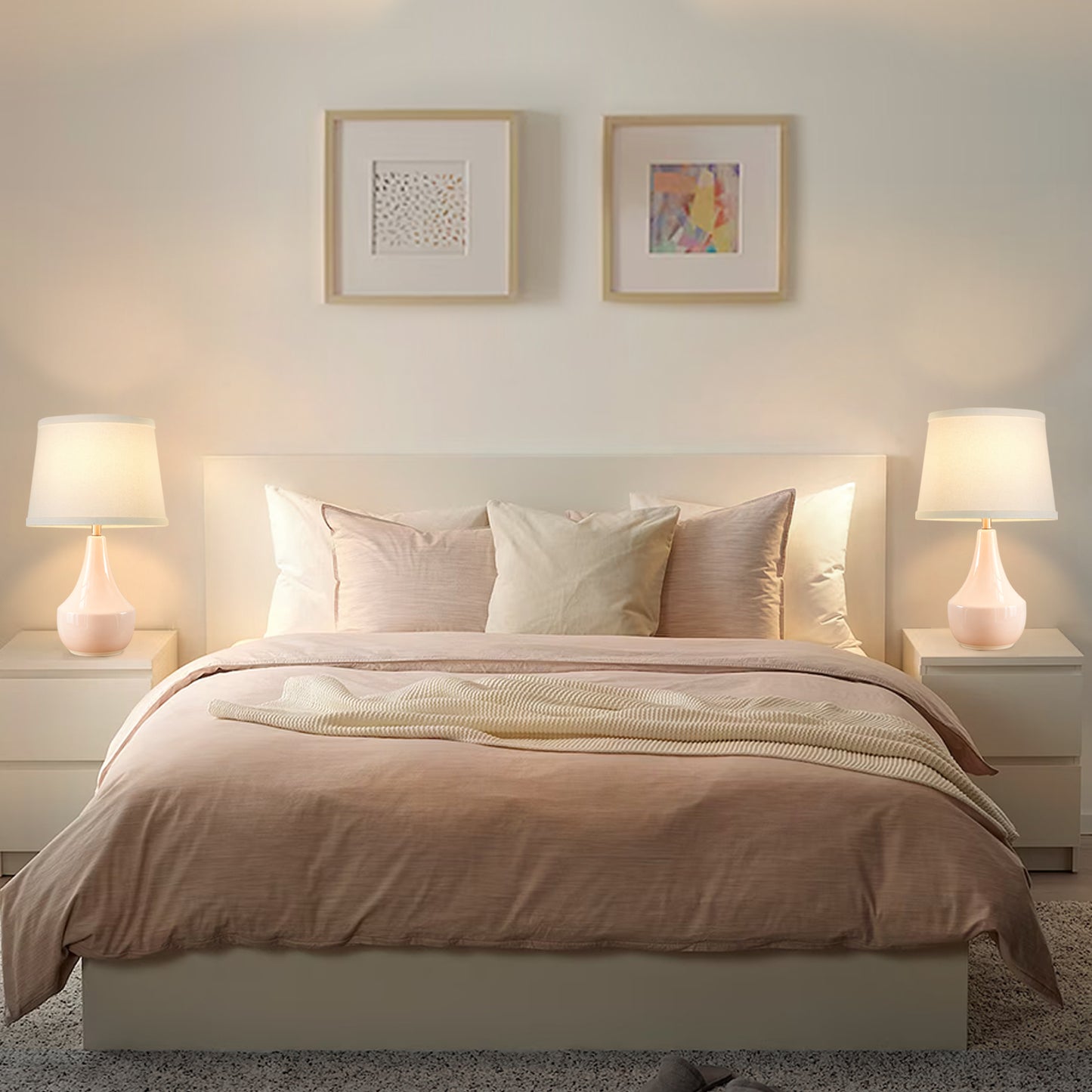 NATYSWAN Pink Table Lamp Set of 2, Ceramic Table Lamp Classic Beside Lamps Nightstand Lamp Modern Table Lamp for Living Room, Bedroom Office, Rocker Swtich (LED Bulbs Included)