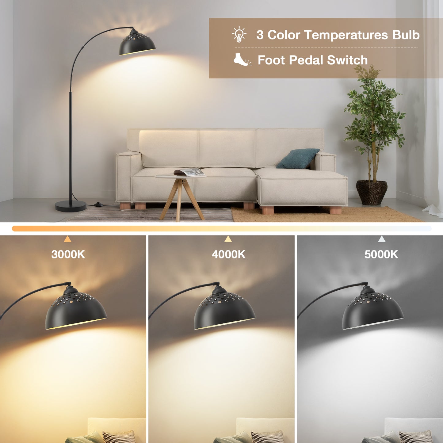 NATYSWAN 71" Arc Floor Lamps for Living Room, Modern Standing Lamp with Adjustable Hanging Metal Hollow Shade, Tall Pole Lamp with Foot Switch, Over Couch Arched Reading Light for Bedroom, Office