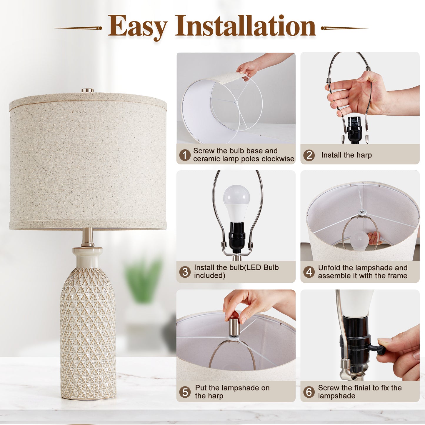 NATYSWAN Ceramic Table Lamps Set of 2, 24.8" Bedside Lamps with 3-Color Temperature, Modern Nightstand Lamp Desk Reading Lamp with Fabric Drum Shade for Bedroom, Living Room, Office, 2 Bulbs Included