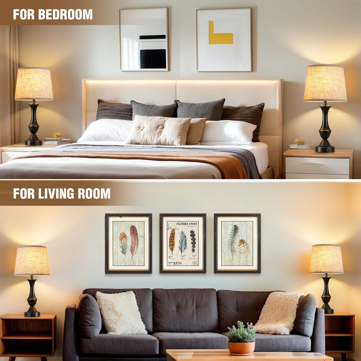 Natyswan Touch Lamps for Bedrooms Set of 2, Bedside Lamp with Dual USB Charging Ports, 3 Way Dimmable Nightstand Lamps with Premium Linen Fabric Lampshade for Bedroom, Living Room (Bulb Included)