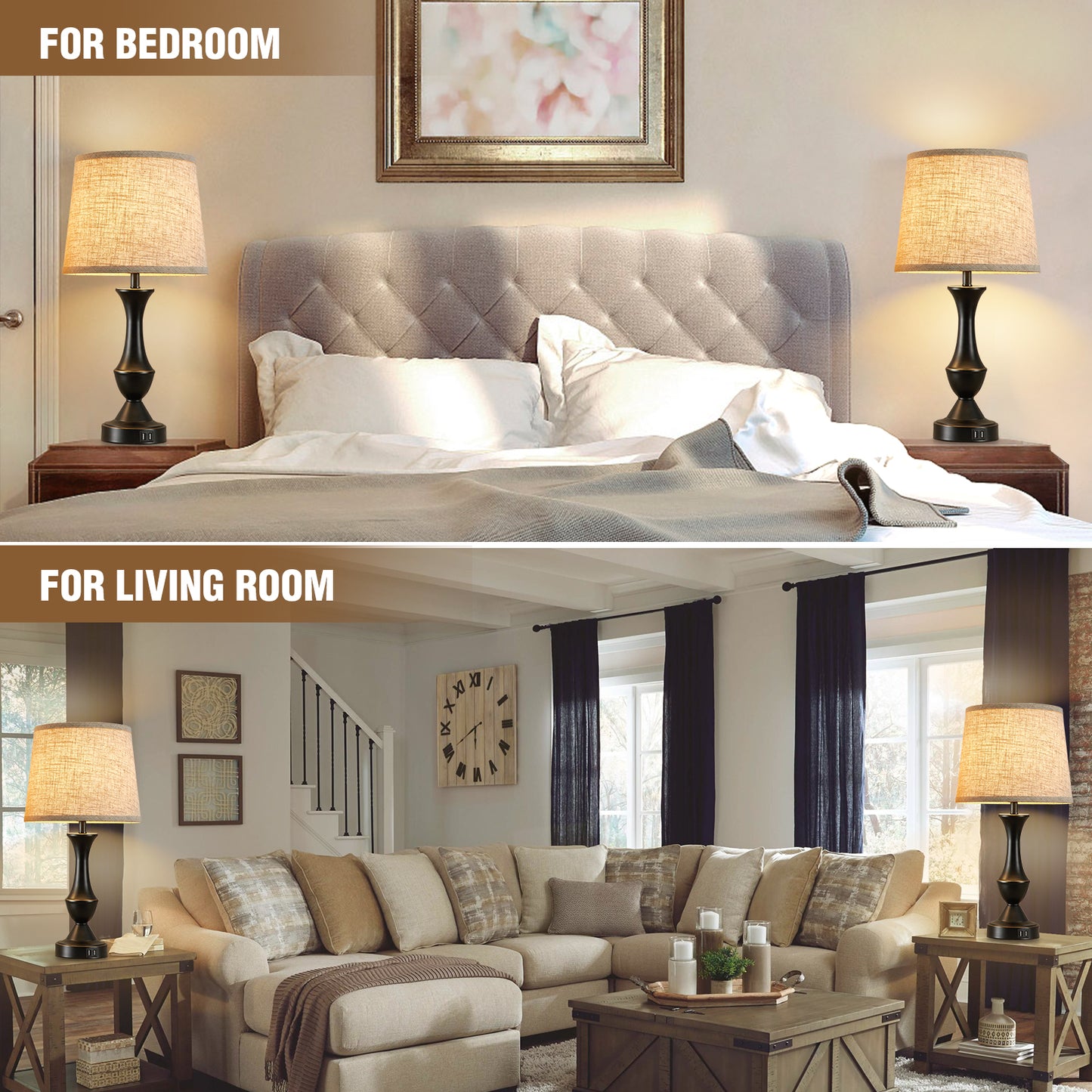 Natyswan Touch Lamps for Bedrooms Set of 2, Bedside Lamp with Dual USB Charging Ports, 3 Way Dimmable Nightstand Lamps with Premium Linen Fabric Lampshade for Bedroom, Living Room (Bulb Included)