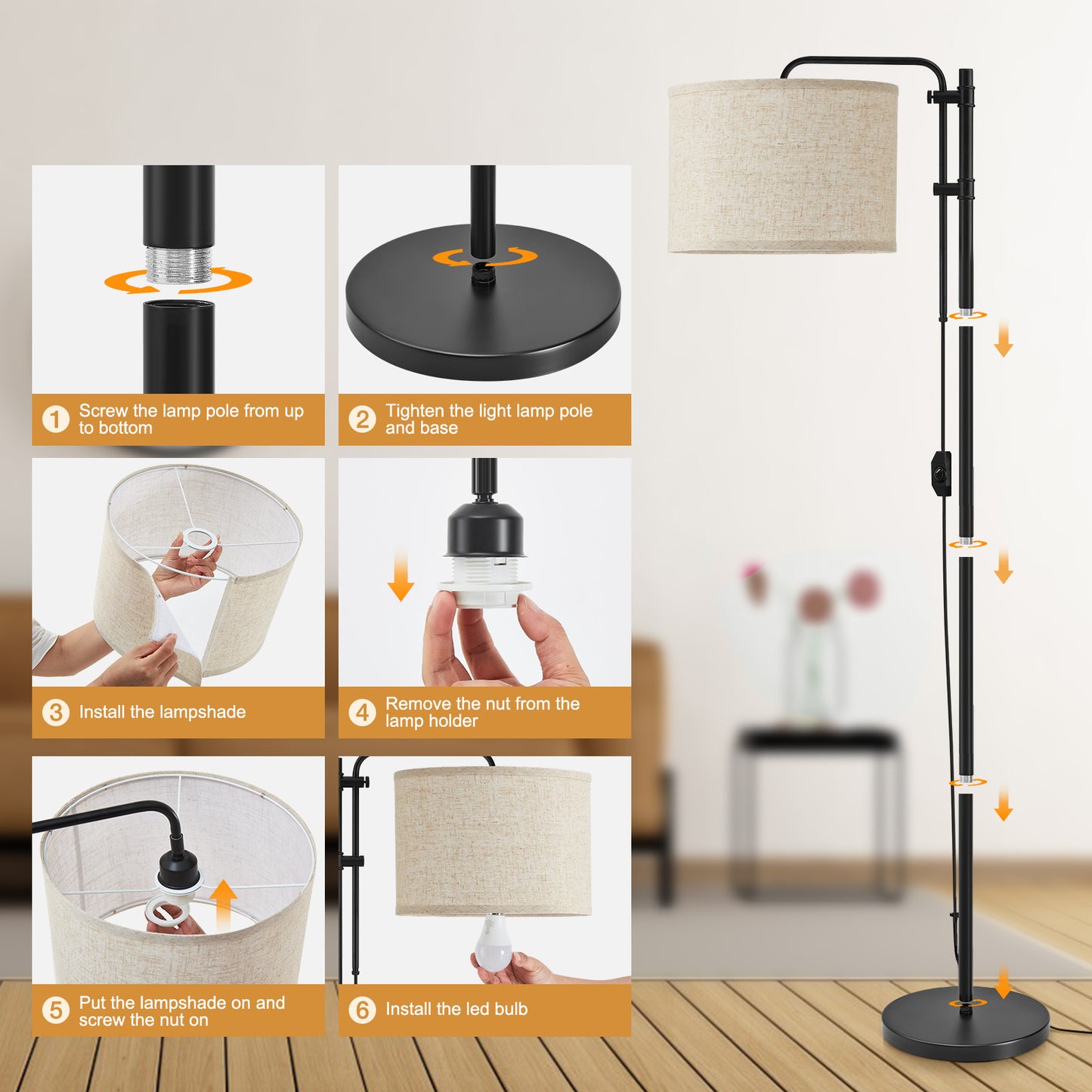 NATYSWAN Floor Lamp for Living Room, Adjustable Height Standing Lamps with 350° Rotate White Lampshade, 67.5-Inch Modern Tall Lamp Dimmable Floor Lamps for Corner Bedroom Home Office (Bulb Included)