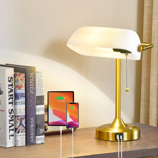 NATYSWAN Gold Table Lamp for Living Room,Vintage Bankers Lamp with USB & Type C Charging Ports, Pull Chain Switch Bedside Lamp for Home Office