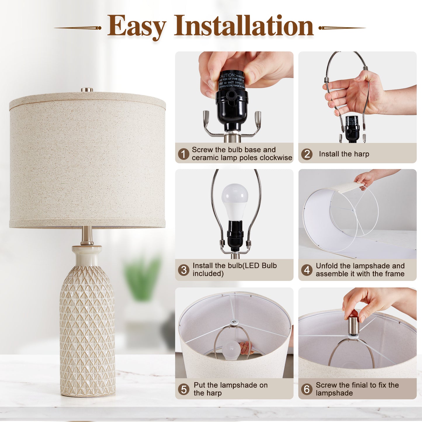 Ceramic Table Lamps Set of 2, 24.8" Bedside Lamps with 3-Color Temperature, Modern Nightstand Lamp Desk Reading Lamp with Fabric Drum Shade for Bedroom, Living Room, Office, 2 Bulbs Included