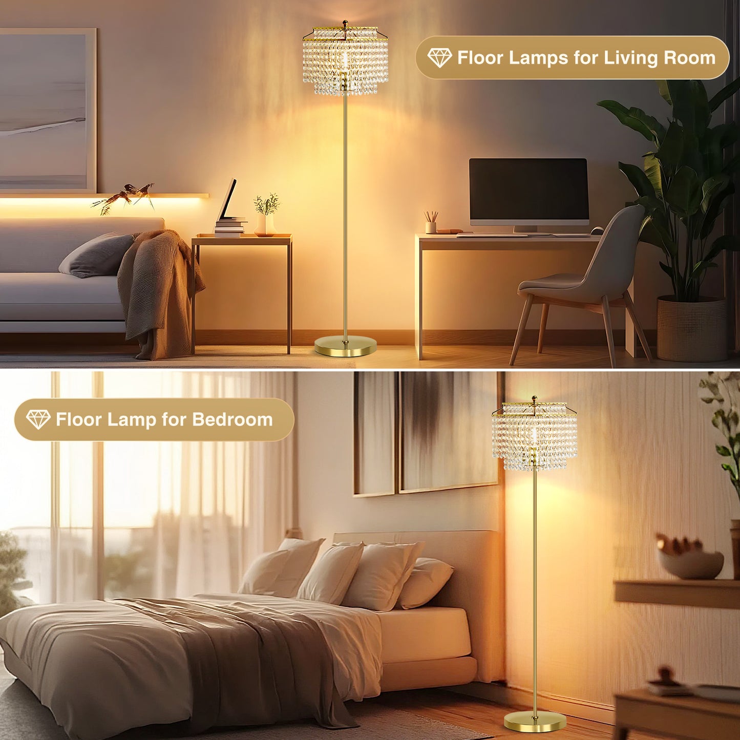 NATYSWAN Crystal Floor Lamp Gold, Modern Standing Lamps with Double-Layer Lampshade, on-off Foot Switch, Gold Finish Tall Pole Lamp for Living Room, Bedroom, Office, 8W Bulb Included