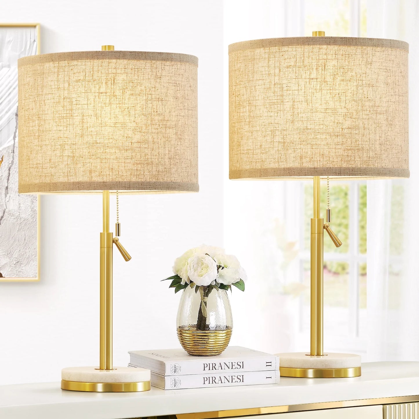 NATYSWAN Modern Table Lamp for Living Room, Adjustable Height Lamp with Marble Base and Pull Chain Switch Nightstand Lamps for Bedroom & Office,Set of 2