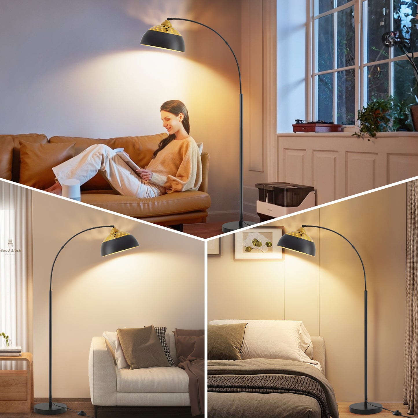 NATYSWAN 71" Arc Floor Lamps for Living Room, Modern Standing Lamp with Adjustable Hanging Metal Hollow Shade, Tall Pole Lamp with Foot Switch, Over Couch Arched Reading Light for Bedroom, Office