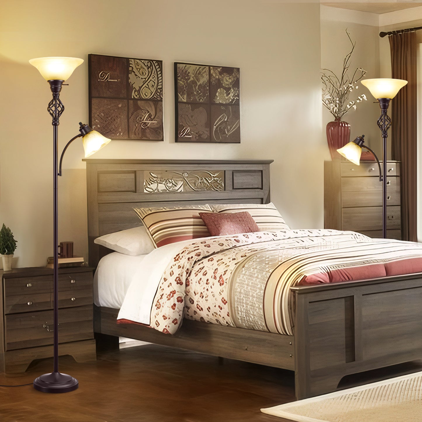 NATYSWAN Standing Lamp with Adjustable Side Reading Light, Floor Lamps for Living Room with Glass Shade 72-Inch Torchiere Tall Lamps Decor for Bedroom Living Room Den Office (Bulb Included)