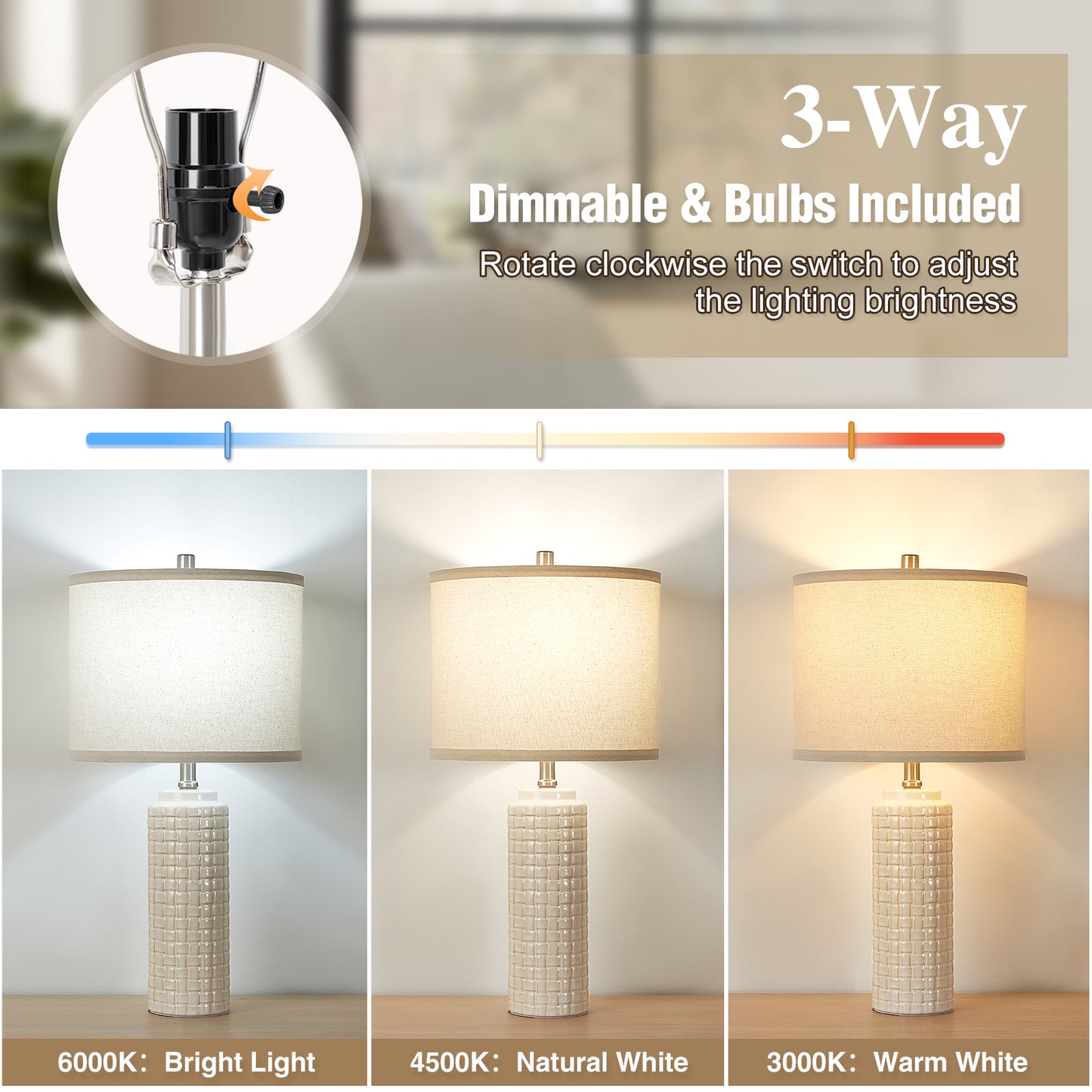 NATYSWAN 24.8" Modern Ceramic Bedside Lamp Set of 2, 3 Color Temperature Bulbs Included - Farmhouse Nightstand Lamps for Living Room Bedroom End Table Office Entryway, Off-White