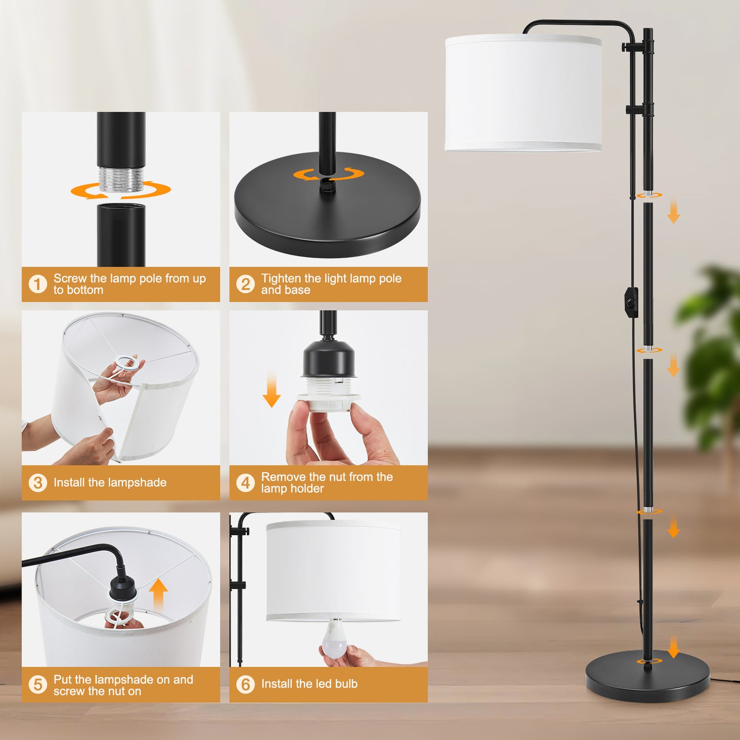 NATYSWAN Floor Lamp for Living Room, Adjustable Height Standing Lamps with 350° Rotate White Lampshade, 67.5-Inch Modern Tall Lamp Dimmable Floor Lamps for Corner Bedroom Home Office (Bulb Included)