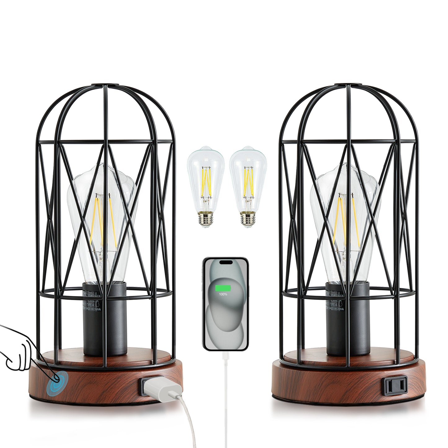 Natyswan Industrial Table Lamp Set of 2, Small Touch Control Edison Desk Lamp 3 Way Dimmable Vintage Bedside Lamp Metal Cage Steampunk for Living Room,Bedroom or Den