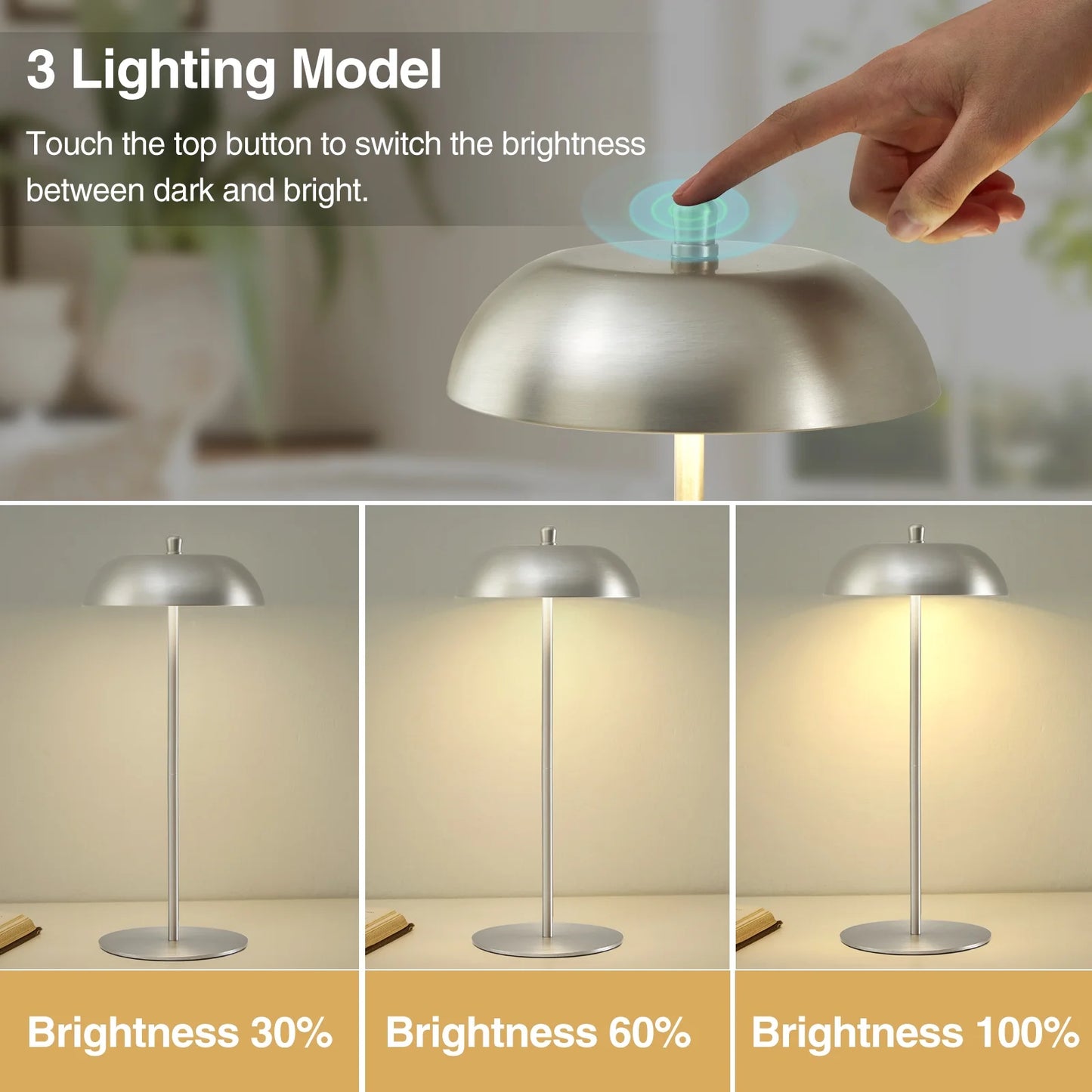 NATYSWAN Cordless Table Lamp Rechargeable,Battery Operated LED Desk Lamp 3 Way Dimmable Touch Nightstand Mushroom Lamp for Dorm Home Bedroom Office,White