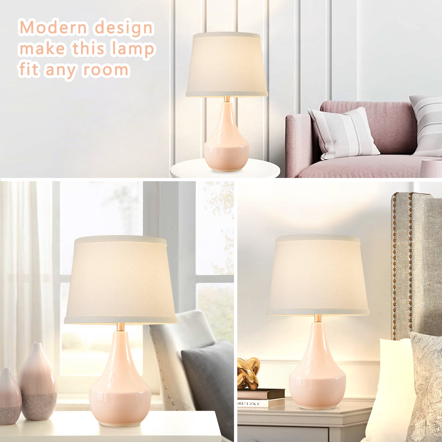 NATYSWAN Pink Table Lamp Set of 2, Ceramic Table Lamp Classic Beside Lamps Nightstand Lamp Modern Table Lamp for Living Room, Bedroom Office, Rocker Swtich (LED Bulbs Included)