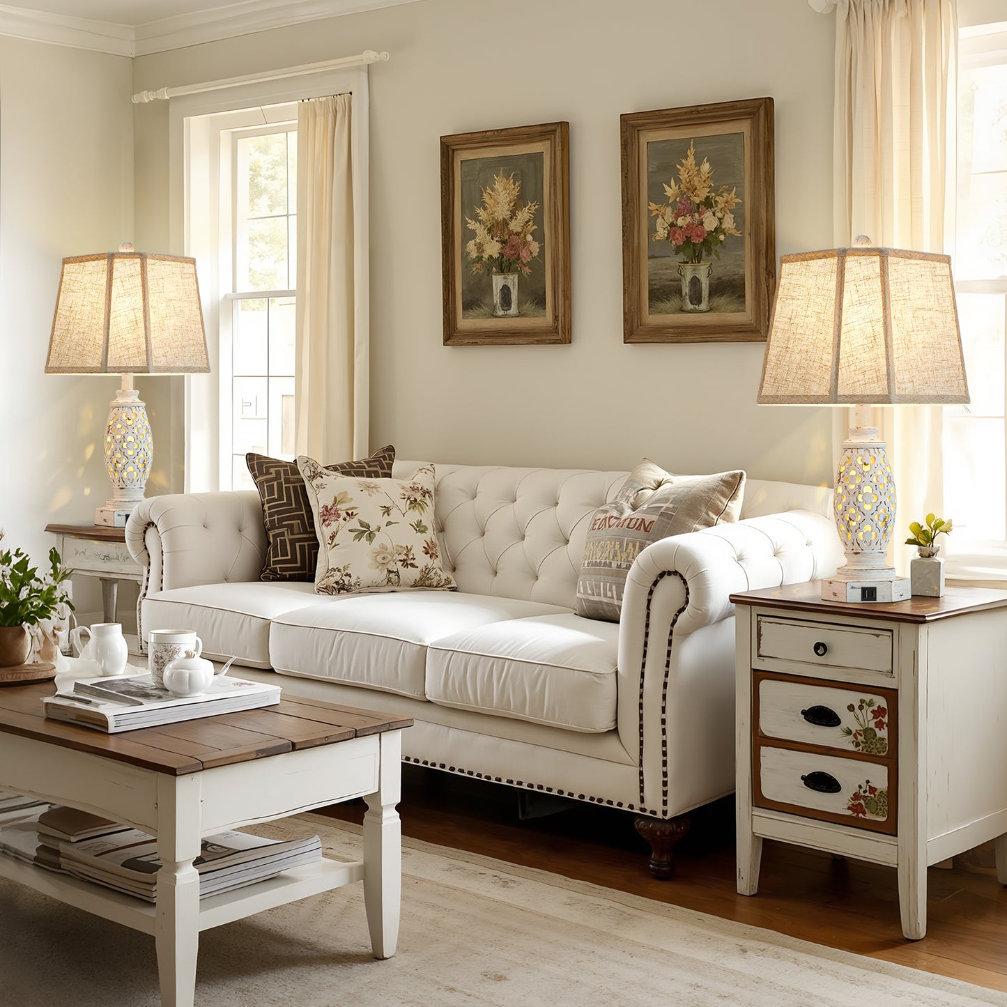 NATYSWAN Lamps for Night Stands Set of 2-23.5" Bedside Lamp with USB A+C and Nightlight - Rustic Farmhouse Table Lamp for Bedrooms, End Tables, Living Room - French Country Decor, Bulbs Included