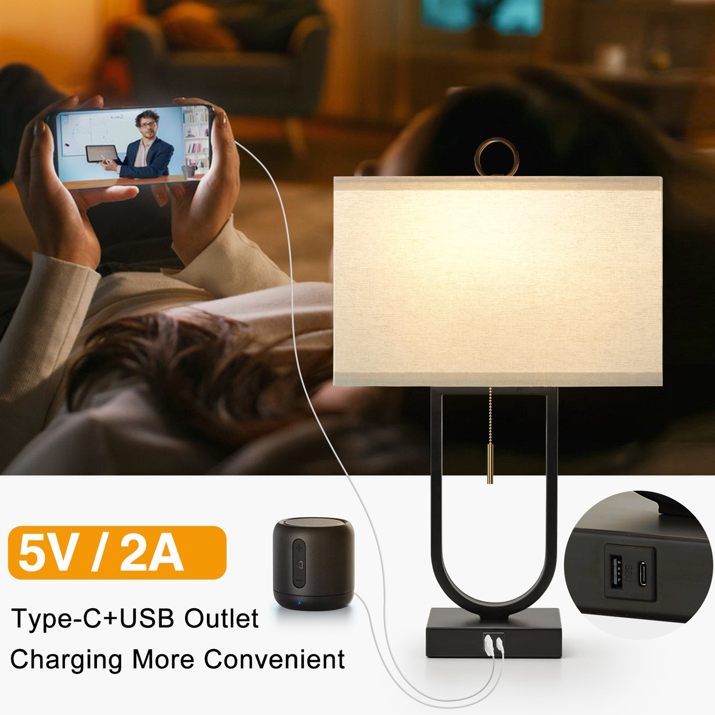 NATYSWAN 24'' Table Lamps Set of 2 with USB C+A Ports, 3-Way Dimmable Tall Modern Lamps for Night Stands, Contemporary Lamp for Living Room Home Office, Pull Chain Switch&2 LED Bulbs Included