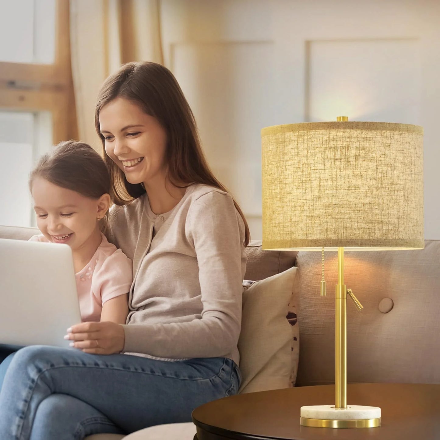 NATYSWAN Modern Table Lamp for Living Room, Adjustable Height Lamp with Marble Base and Pull Chain Switch Nightstand Lamps for Bedroom & Office,Set of 2