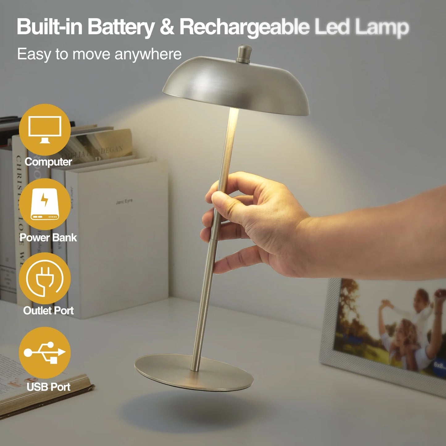 NATYSWAN Cordless Table Lamp Rechargeable,Battery Operated LED Desk Lamp 3 Way Dimmable Touch Nightstand Mushroom Lamp for Dorm Home Bedroom Office,White