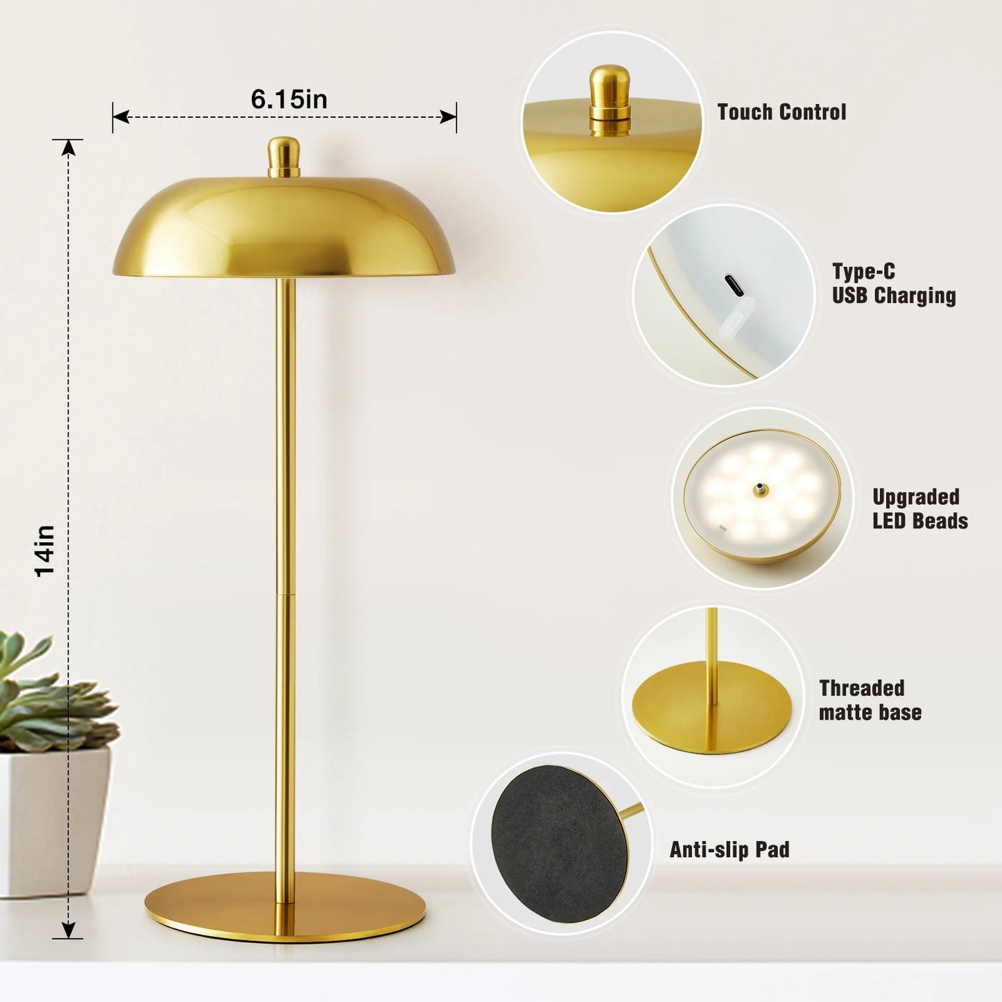 NATYSWAN 2 Pack Rechargeable Table Lamps Cordless Lamp,3 Way Dimmable Battery Operated Touch Lamp,Modern Gold Bedside Lamp for Dorm Home Bedroom Office