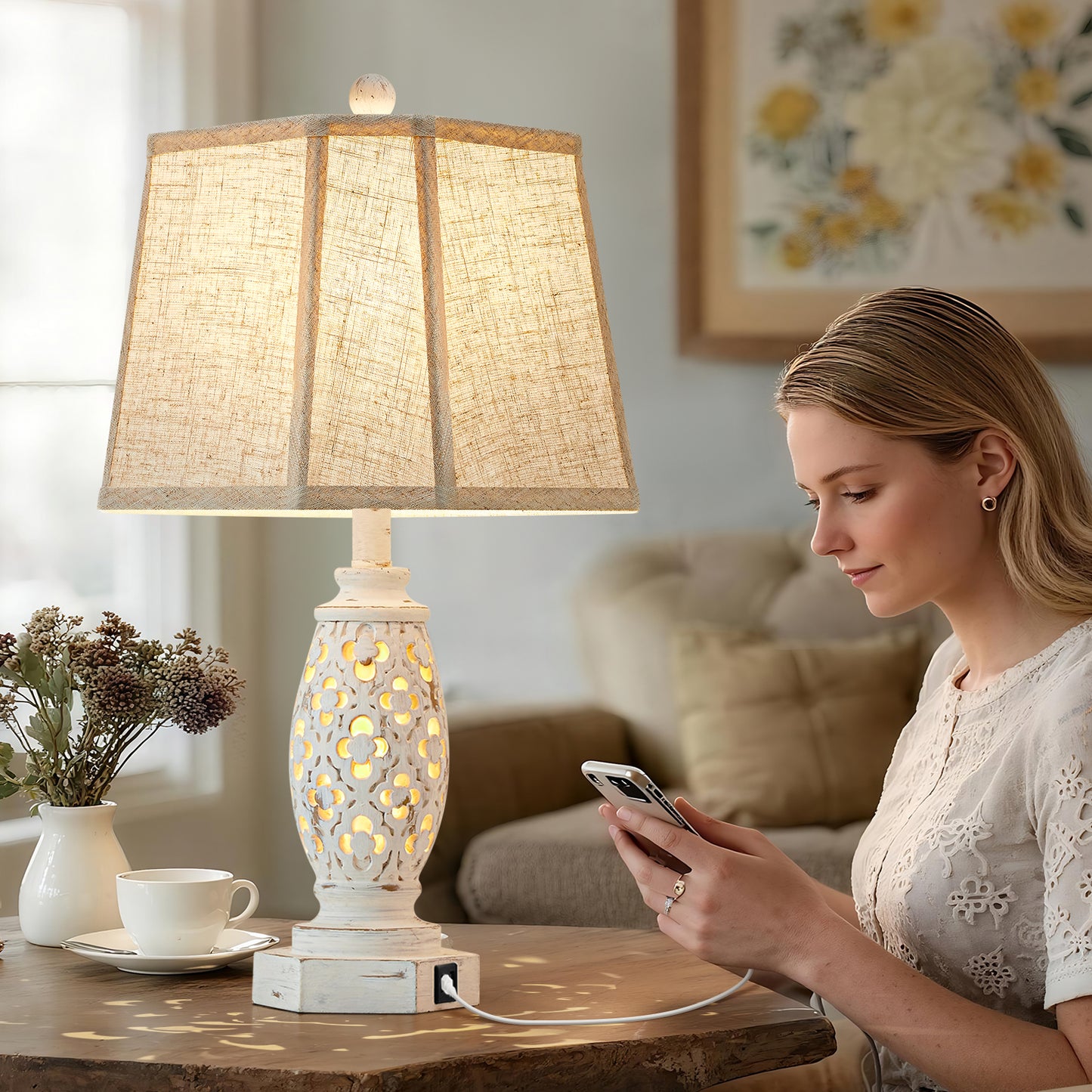 NATYSWAN Lamps for Night Stands Set of 2-23.5" Bedside Lamp with USB A+C and Nightlight - Rustic Farmhouse Table Lamp for Bedrooms, End Tables, Living Room - French Country Decor, Bulbs Included