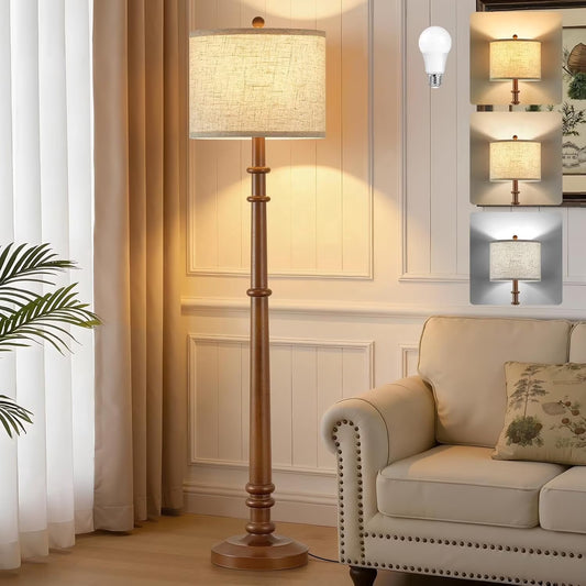 NATYSWAN Floor Lamps for Living Room - 60" Wood Farmhouse Floor Lamp with Adjustable Color Temperatures - Vintage Standing Lamp Reading Light with Linen Shade Rustic Tall Lamp for Bedroom