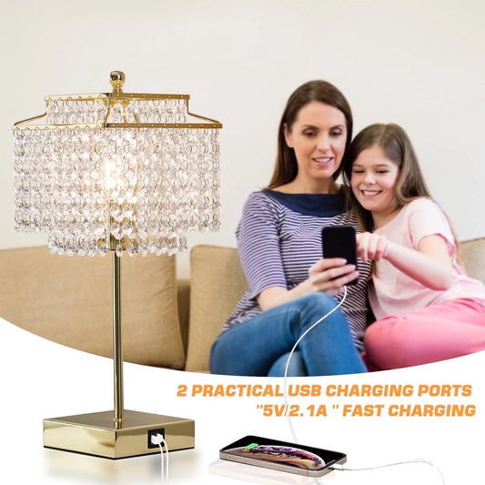 NATYSWAN Crystal Touch Table Lamp, Bedside Lamp with with USB C+A Ports, Gold Bedroom Lamp, 3 Way Dimmable Lamp with Crystal Shade, Nightstand Lamp for Bedroom, Living Room, Bulb Included