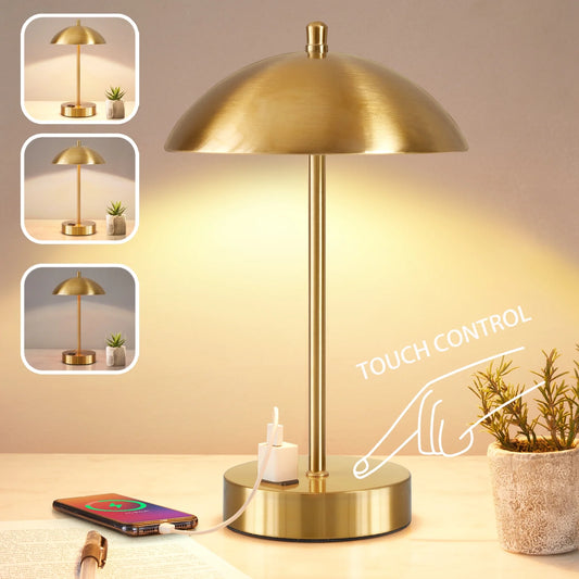 NATYSWAN Modern LED Desk Lamp with AC Adapter, 3-Way Dimmable Touch Bedside Reading Lamp, Minimalist Gold Small Nightstand Table Lamp with Mushroom Dome for Bedroom Living Room Office