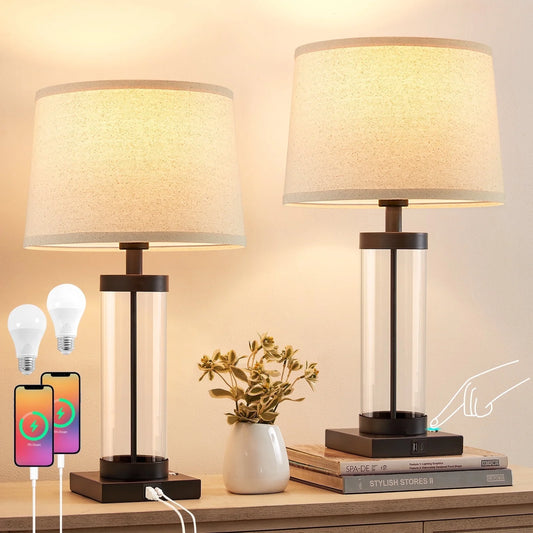 NATYSWAN Glass Table Lamps for Bedroom with USB Ports, Touch Dimmable Bedside Lamps Set of 2 for Living Room&Office,Modern Nightstand Lamps for Home Lighting Decoration