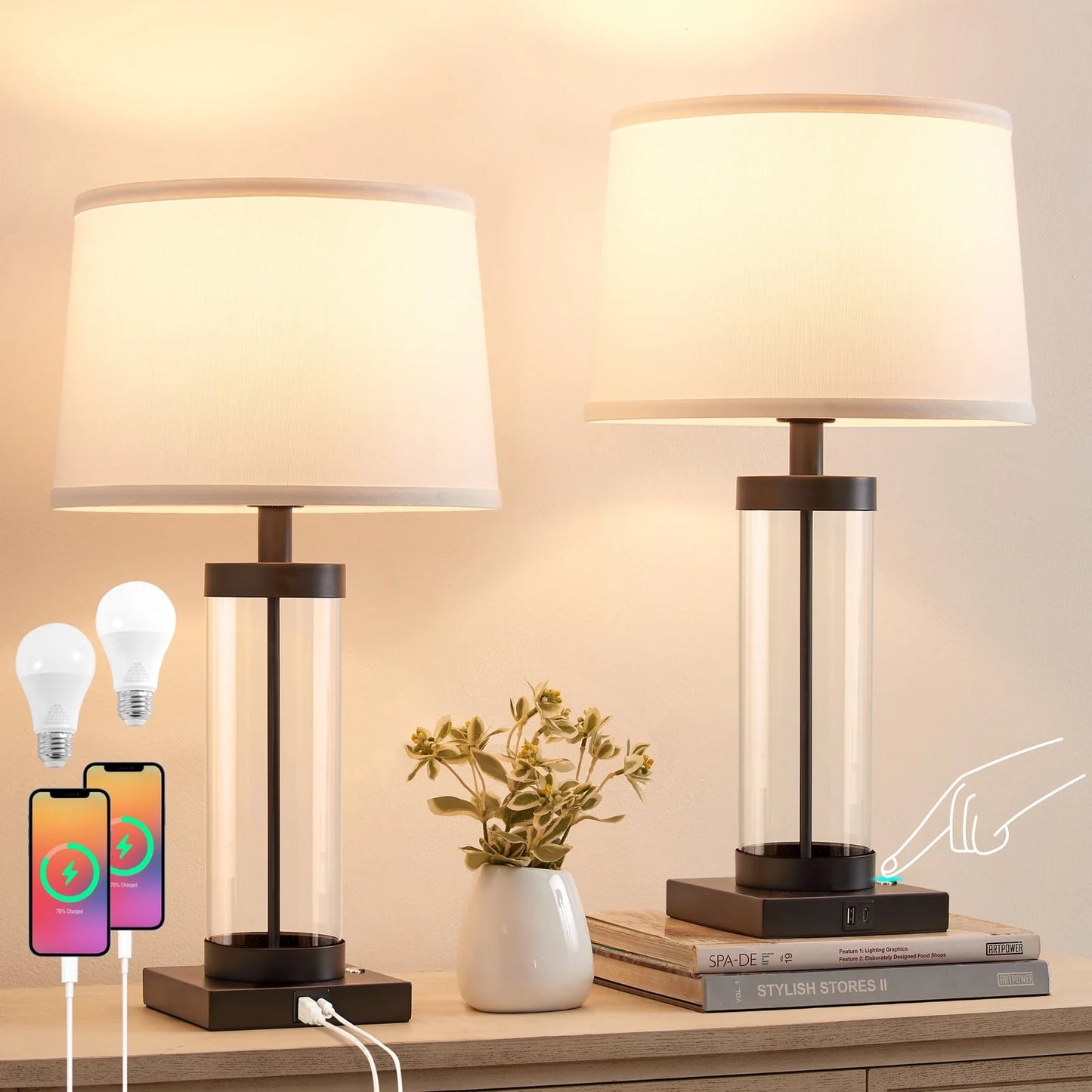 NATYSWAN Glass Table Lamps for Bedroom with USB Ports, Touch Dimmable Bedside Lamps Set of 2 for Living Room&Office,Modern Nightstand Lamps for Home Lighting Decoration