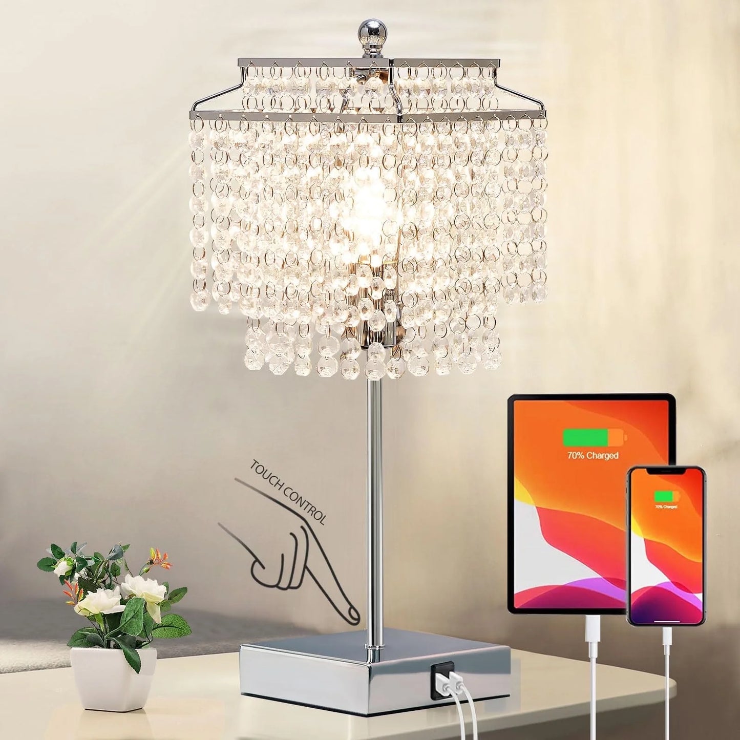 NATYSWAN Crystal Touch Table Lamp, Bedside Lamp with with USB C+A Ports, Gold Bedroom Lamp, 3 Way Dimmable Lamp with Crystal Shade, Nightstand Lamp for Bedroom, Living Room, Bulb Included