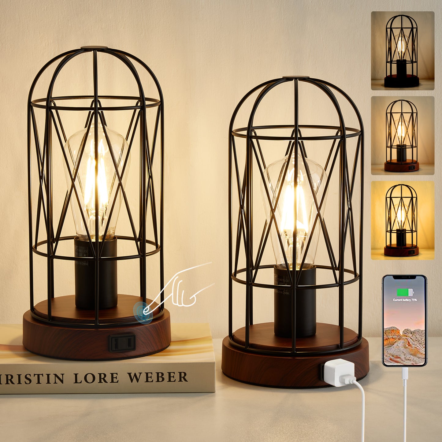 Natyswan Industrial Table Lamp Set of 2, Small Touch Control Edison Desk Lamp 3 Way Dimmable Vintage Bedside Lamp Metal Cage Steampunk for Living Room,Bedroom or Den