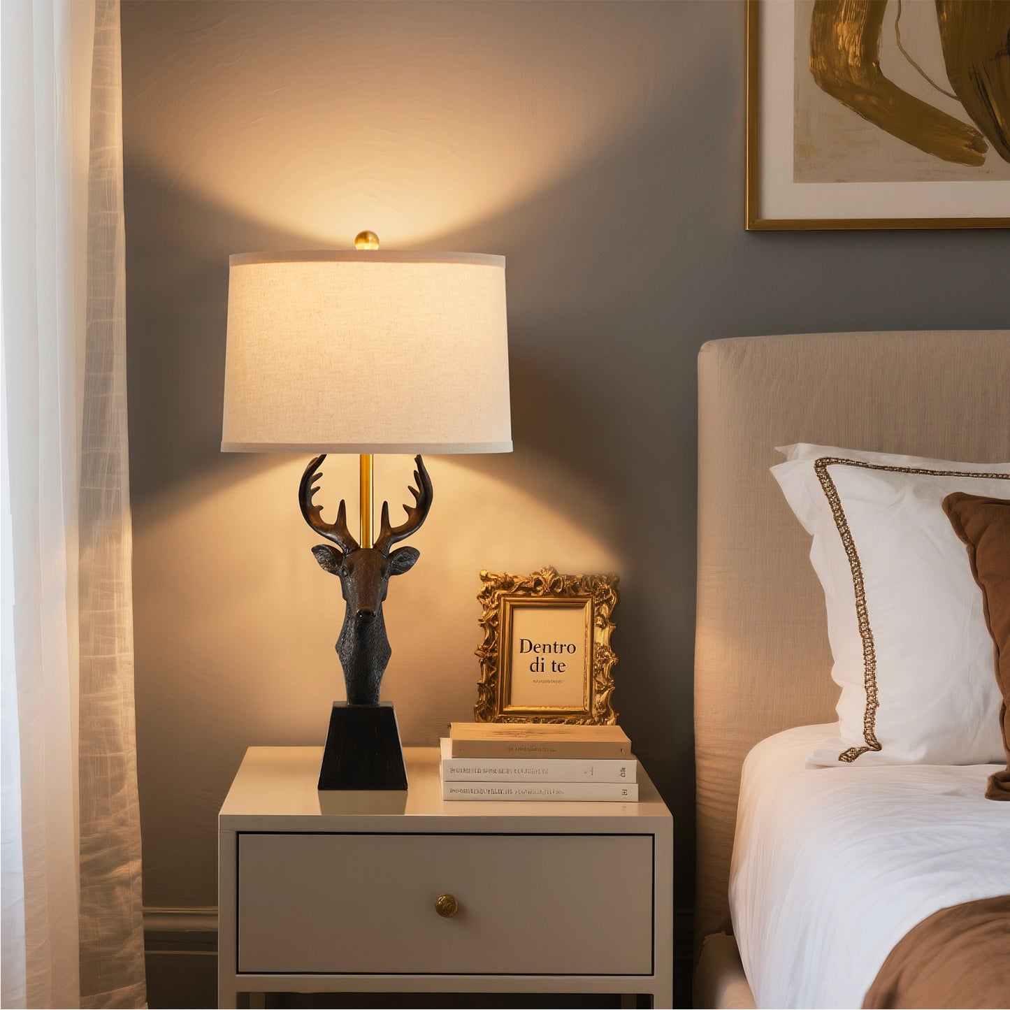 NATYSWAN Vintage Table Lamp 28.75" with Linen Shade - 9W LED Bulb Included - Rotary Switch - Farmhouse Bedside Lamp for Bedroom & Living Room